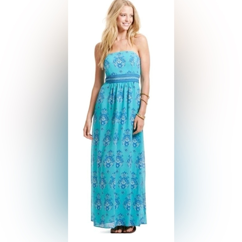 🤩NEW LISTING Vineyard Vines Maxi Dress Long Scarf Print Blue Silk Strapless Gown